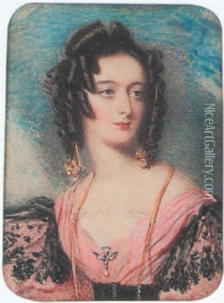 A Lady Wearing Decollete Pink Dress With White Lace Fill-in, Gold Necklace, Pendant Earrings And Jewelled Brooch In The Form Of A Flying Bird, Her Hair In Ringlets Oil Painting - Alfred Edward Chalon
