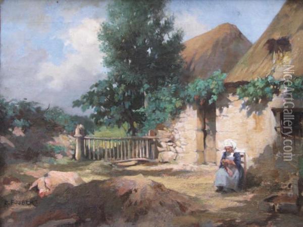 Bretonne Devant La Porte Oil Painting - Emile Louis Foubert