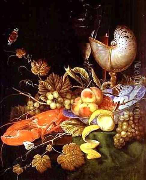 Still life with peaches pomegranate lobster grapes and butterflies Oil Painting - Ottmar The Elder Elliger