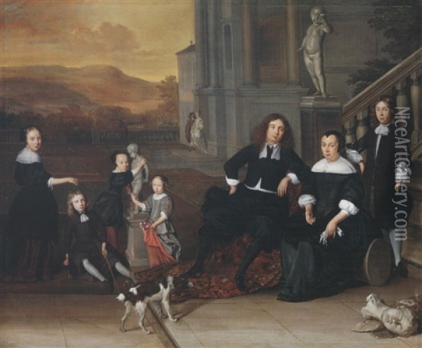 A Portrait Of A Family Group On A Terrace By An Elegant House (a Self Portrait With His Family?) Oil Painting - Eglon Hendrik van der Neer