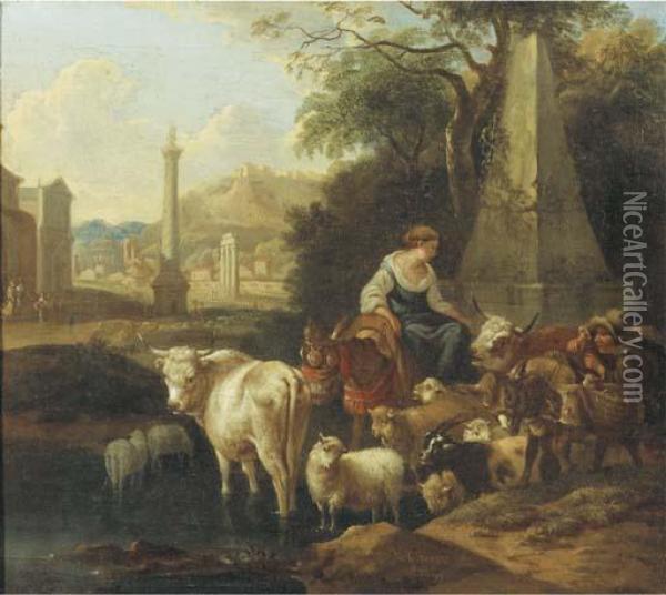 An Italianate Landscape With Shepherds And Their Cattle By Afountain Oil Painting - Michiel Carre