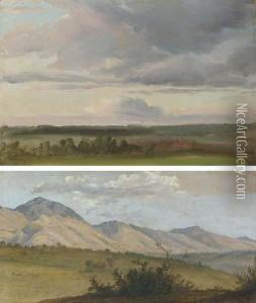 Landscape With Clouds Near Moritzburg; And A View Of Monte Seroneand Monte Ernici Oil Painting - Christian Friedrich Gille