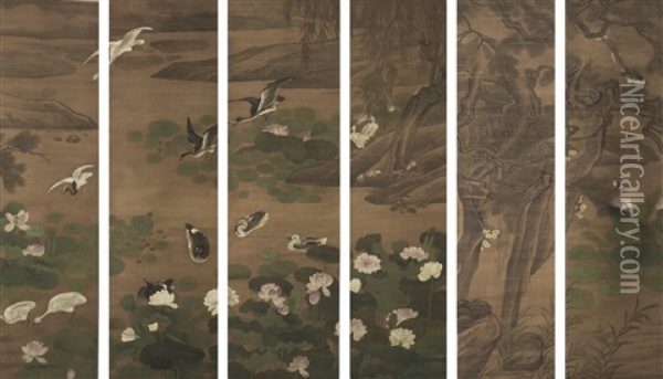 Water Birds By The Lotus Pond Oil Painting -  Jiang Tingxi