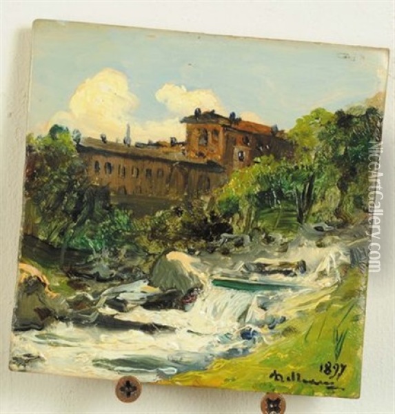 Lavoratori Della Terra (+ Castello E Torrente; Pair) Oil Painting - Lorenzo Delleani