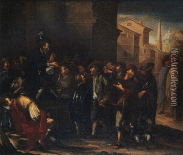 A Charlatan Performing In A Town Oil Painting - Lucas Janszen de Wael