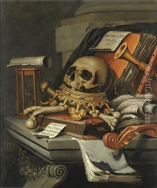 A Vanitas Still Life With A Skull Surmounting A Crown, Books, Scrolls, An Hour-Glass, A Violin And Other Musical Instruments, All Resting Upon A Stone Ledge Oil Painting - Edwart Collier