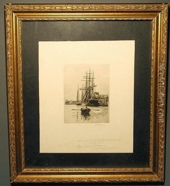 Steamboat Wharf- Gloucester Harbor 1927 Oil Painting - George Wainwright Harvey