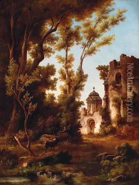 A stag by a ruin Oil Painting - French School