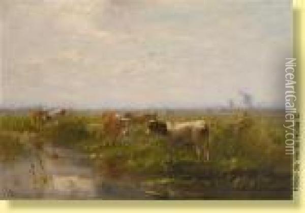 Troupeau Sur Fond De Moulin Oil Painting - Cornelis I Westerbeek