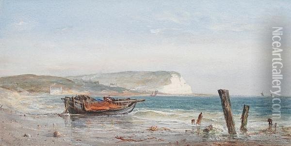 Fishing Boat On The Shore With White Cliffs Beyond Oil Painting - Edwin Hayes