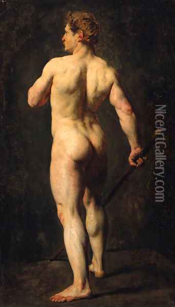 An Academy Study, Standing Full-Length, Holding A Staff, Seen From Behind Oil Painting - French School