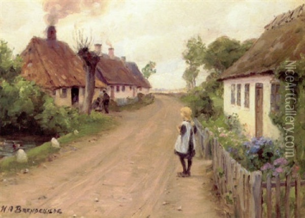 Landsbygade I Jyllinge Med Lille Pige Ved Lagen Oil Painting - Hans Andersen Brendekilde