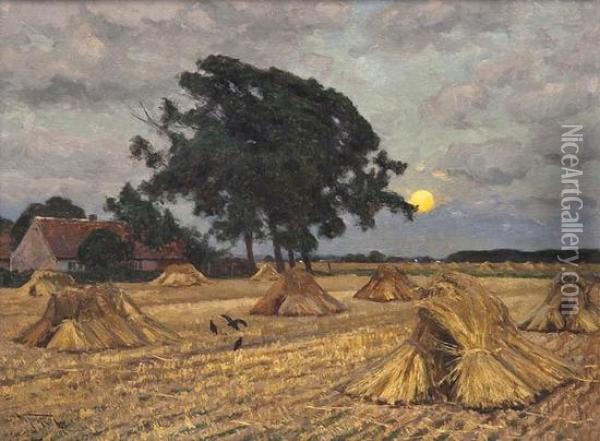 Harvested Wheatfield At Sunrise Oil Painting - Wilhelm Fritzel