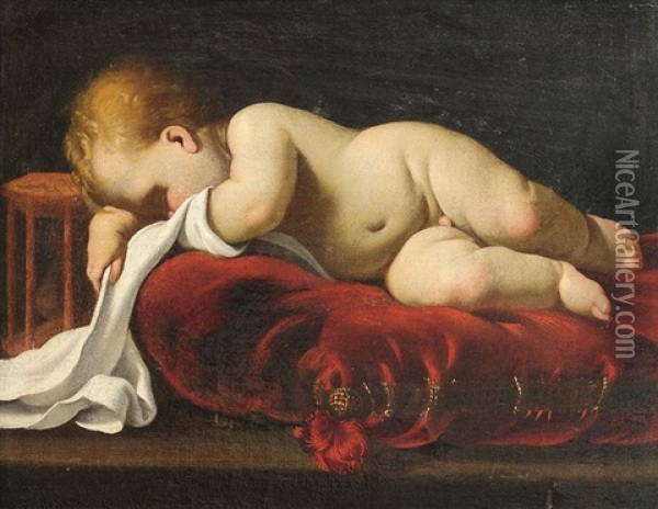 Enfant Endormi Sur Un Crane Ou Memento Mori Oil Painting - Luigi Miradori