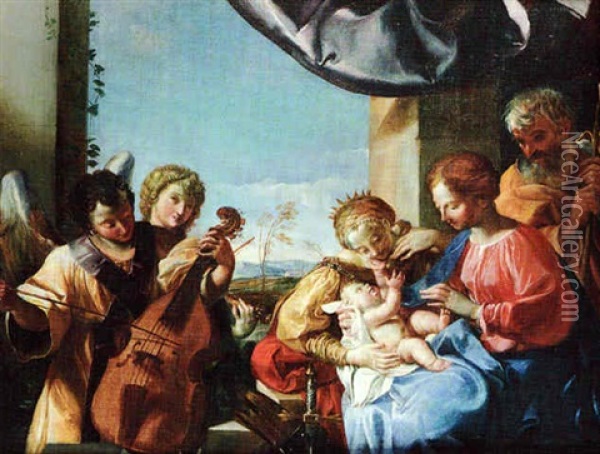 The Holy Family With St Catherine And Angel Musicians Oil Painting - Angelo Caroselli