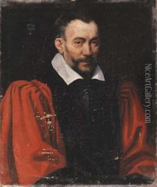 Portrait Of A Gentleman, Bust-length, In A Red Shirt And Black Waistcoat Oil Painting - Domenico Tintoretto