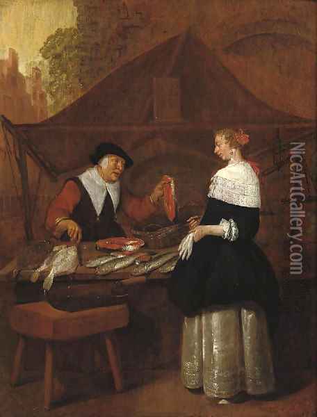 A fishmonger selling her wares to an elegant lady at a stall Oil Painting - Quiringh Gerritsz. van Brekelenkam