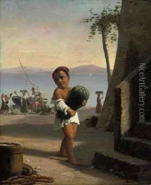Unloading Provisions On The Quay, Capri Oil Painting - Julius Friedlaender