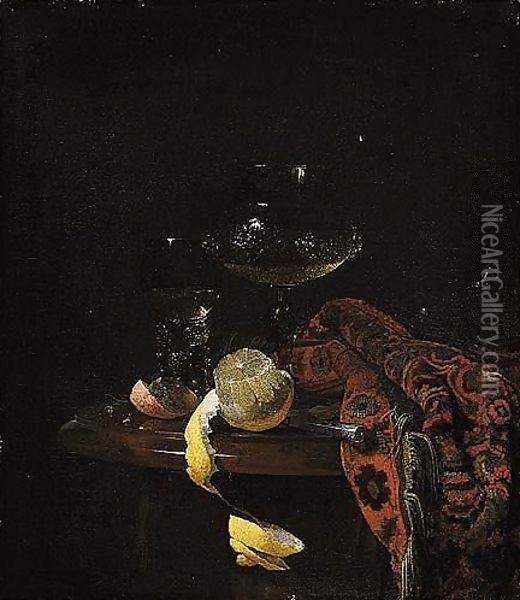 Still Life Of A Peeled Lemon, A Roemer, A Wine-glass, A Knife And A Rug, All Upon A Marble Top Draped With A Carpet Oil Painting - Willem Kalf