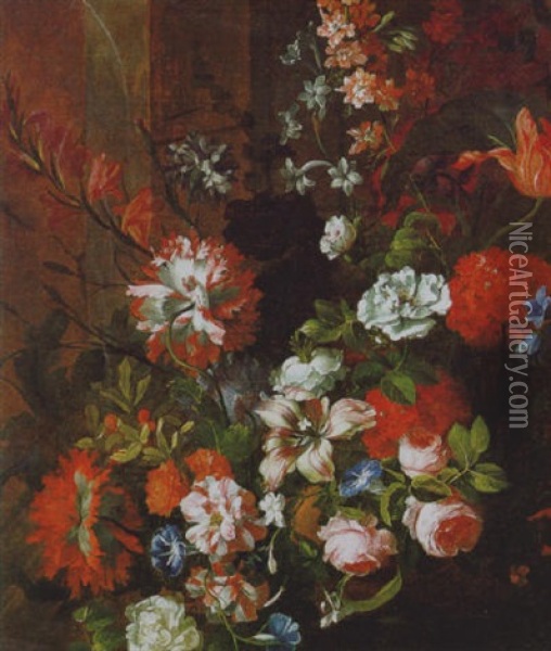 Blumenstraus Mit Nelken, Rosen, Wicken, Pfingstrosen Und Anderen Bluten Oil Painting - Jean-Baptiste Monnoyer