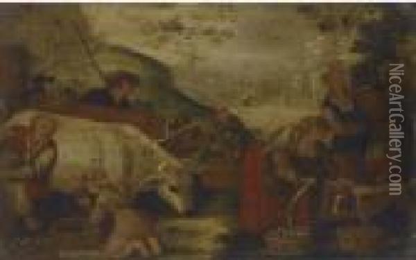 The Vendage; And Figures Milking A Goat And Tending To Farm Animals Oil Painting - Jacopo Bassano (Jacopo da Ponte)