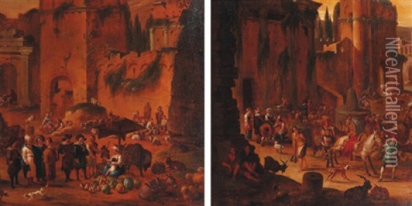 Scenes De Marche Au Pied De Ruines Antiques (+ Another; Pair) Oil Painting - Peeter van Bredael
