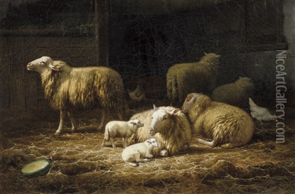 Interieur D'etable Avec Moutons Et Poules Oil Painting - Eugene Remy Maes