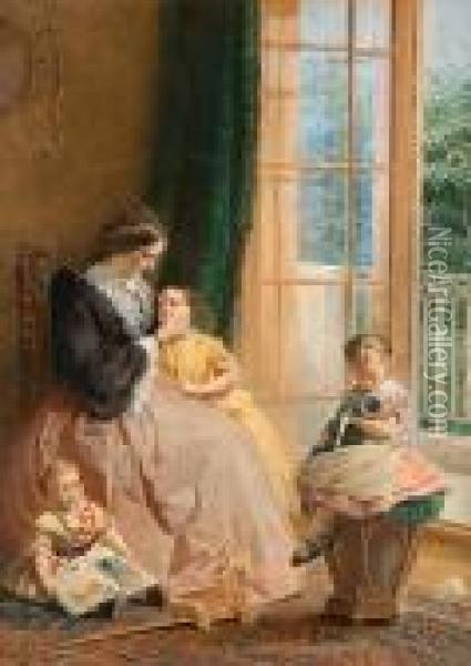 Mrs Hicks Seated With Three 
Children By A Glazed Door Leading To A Balcony, The Garden Beyond Oil Painting - George Elgar Hicks