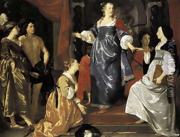 The Maid of Leiden Welcomes 'Nering' 1651 Oil Painting - Abraham van den Tempel