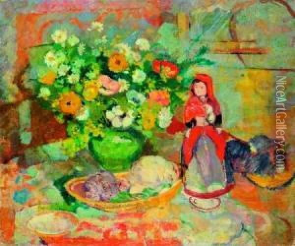 Poupee Et Vase De Fleurs Sur Une Table Oil Painting - Maurice Bompard