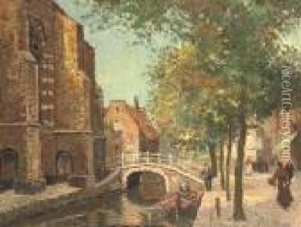 The Bridge To The Kerkstraat Seen From The Vrouwenrecht, Delft Oil Painting - Bernard, Ben Viegers