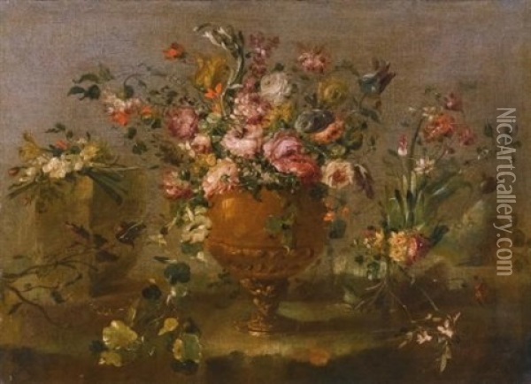 A Still Life With Roses, Carnations And Other Flowers In A Vase On A Ledge Oil Painting -  Pseudo Guardi