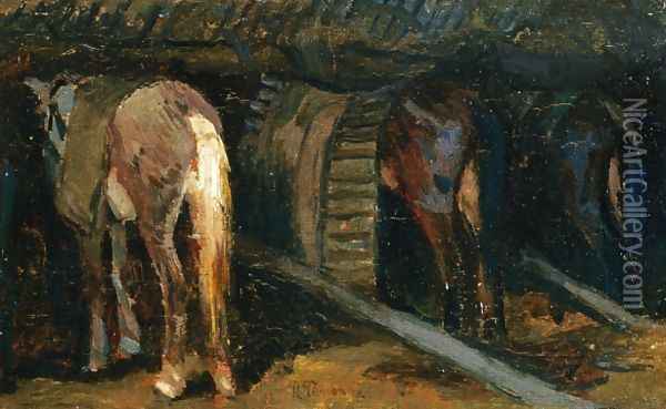 Horses in a Stable Oil Painting - Ruggero Panerai