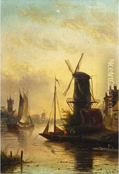 A Summer Landscape With A Windmill At Sunset Oil Painting - Jan Jacob Coenraad Spohler