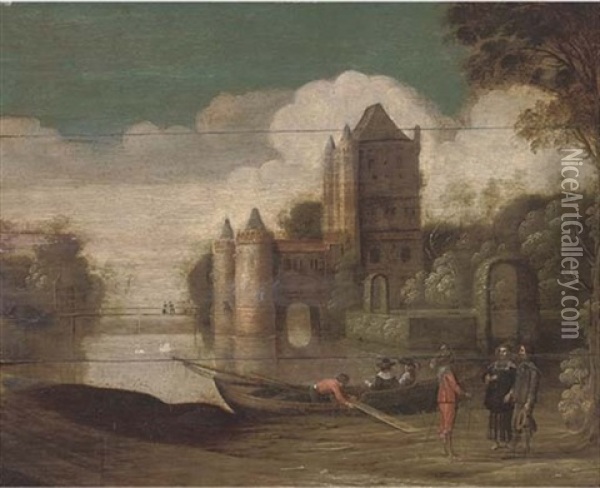 A Landscape With A Moated Castle And Gentlemen Conversing By A Boat Oil Painting - Christoffel Jacobsz. Van Der Lamen