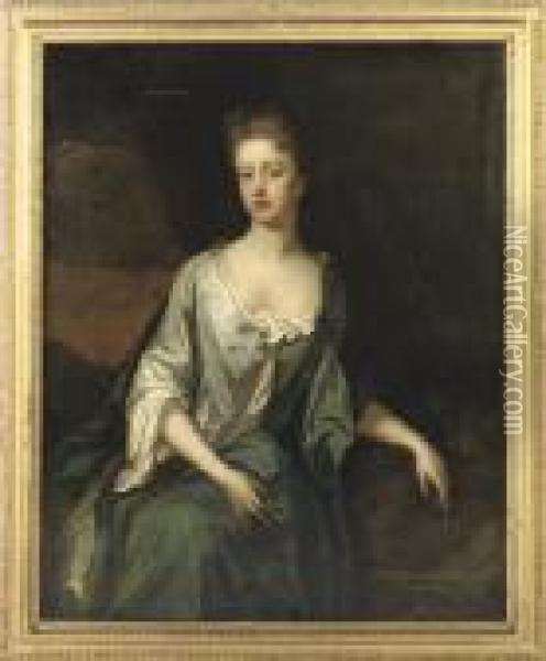 Portrait Of A Lady, 
Traditionally Identified As Mrs. Mary Finch, Three-quarter-length, In A 
Grey Dress With A Blue Wrap Oil Painting - Michael Dahl
