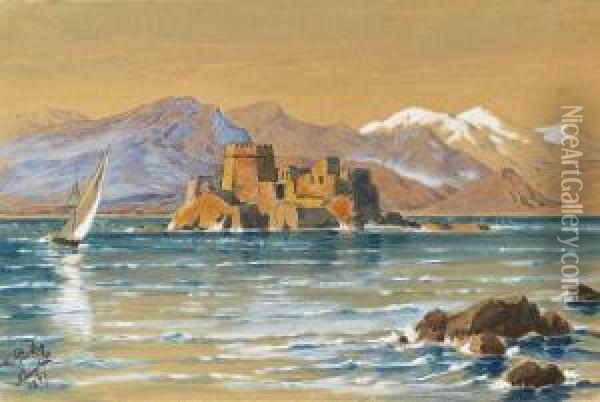 Die Festung Bourtzi Vor Nauplia Oil Painting - Friedrich Ii Preller