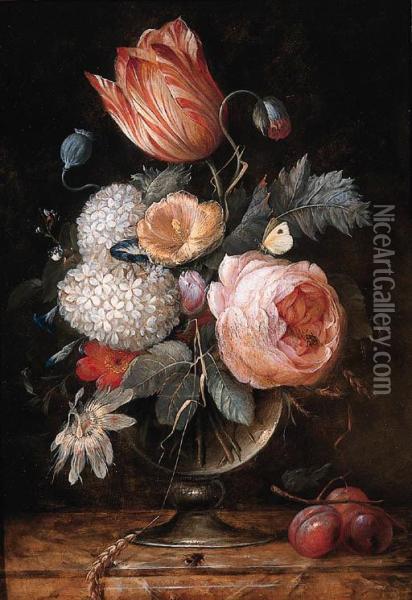 A Tulip, Roses, A Passion Flower, A Poppy, An Ear Of Corn And Otherflowers In A Glass Vase With Plums On A Marble Ledge Oil Painting - Pieter Gallis