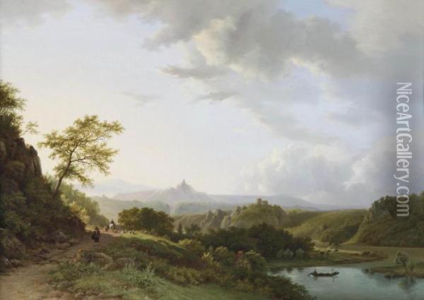A Panoramic Summer Landscape With Travellers And A Castle Ruin Inthe Distance Oil Painting - Barend Cornelis Koekkoek
