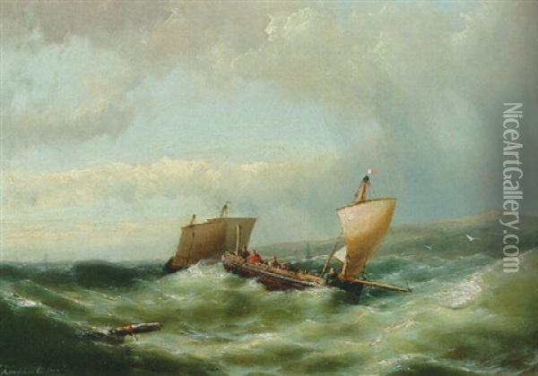 Sailors In A Barge On A Choppy Sea Off The Coast Oil Painting - Hermanus Koekkoek the Younger