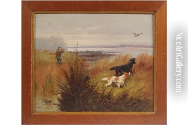Shooting With Dogs By The River Oil Painting - Eugene Petit