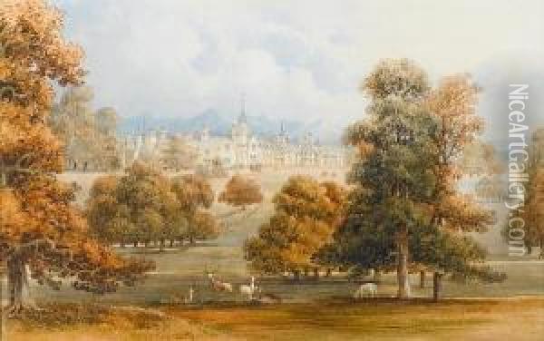 A Welsh Country House And Grounds With A Deerpark In The Foreground Oil Painting - George Sidney Shepherd