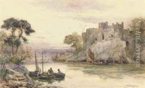 Fishermen On The River Before Chepstow Castle Oil Painting - Walker Stuart Lloyd