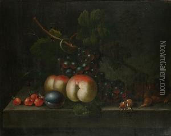 Grapes, Peaches, A Plum, Strawberries And Cobb Nutson On A Ledge Oil Painting - William Jones Of Bath