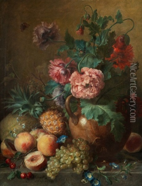 Groses Stillleben Mit Gefullten Mohnblumen In Einer Tonvase Neben Fruchten Oil Painting - Cornelis van Spaendonck