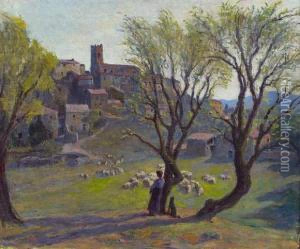 Bergere Et Ses Moutons Devant Un Village De L'aude Oil Painting - Jules Louis Rame