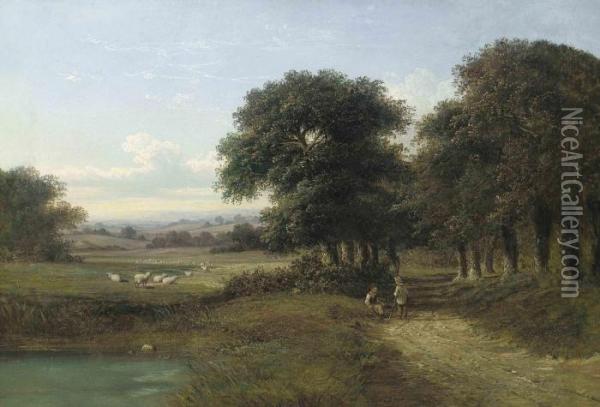 Two Boys On A Country Track Beside A Pond Oil Painting - Walter Williams