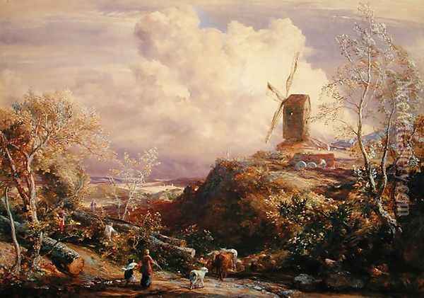Windmill on a Hill with Cattle Drovers Oil Painting - John Constable