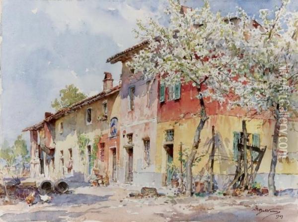 Cascina Con Mandorli - 1943 Oil Painting - Achille Beltrame