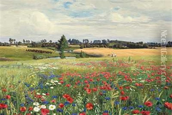 Blomstermark Med Kornblomster, Valmuer Og Margueritter Oil Painting - Hans Andersen Brendekilde